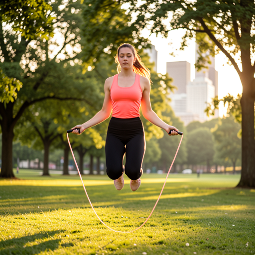 woman jumping rope on grass in park
