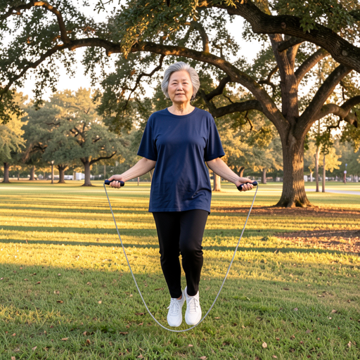 senior asian woman jumping rope park